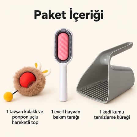 Busstier Tavşan Çemberi – Peluş Kaplı Şarjlı Kedi Topu ve Tarak, Kum Küreği Seti