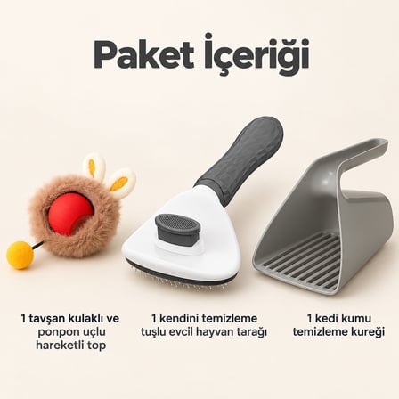 Busstier Tavşan Notası – Peluş Kaplı Şarjlı Kedi Topu ve Tarak, Kum Küreği Seti