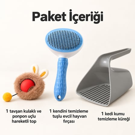 Busstier Tavşan Kıyısı – Peluş Kaplı Şarjlı Kedi Topu ve Tarak, Kum Küreği Seti
