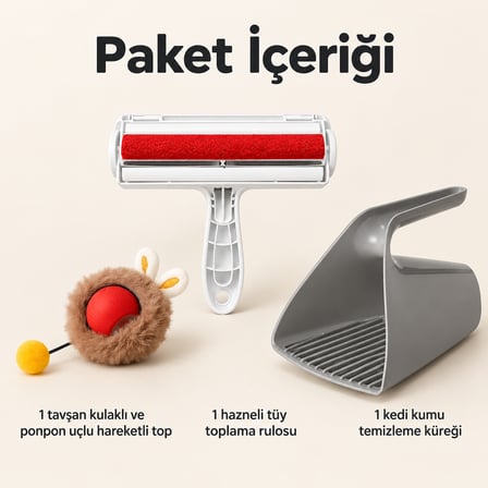 Busstier Tavşan Masalı – Peluş Kaplı Şarjlı Kedi Topu ve Tüy Temizleyici, Kum Küreği Seti