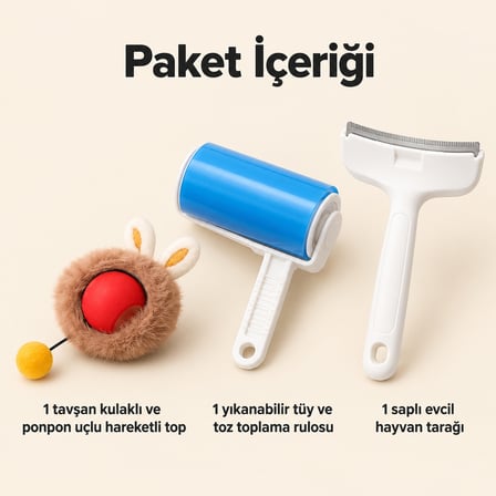 Busstier Tavşan Yörüngesi – Peluş Kaplı Şarjlı Kedi Topu ve Tüy Temizleyici, Tarak Seti