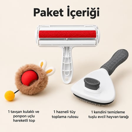 Busstier Tavşan Molası – Peluş Kaplı Şarjlı Kedi Topu ve Tüy Temizleyici, Tarak Seti