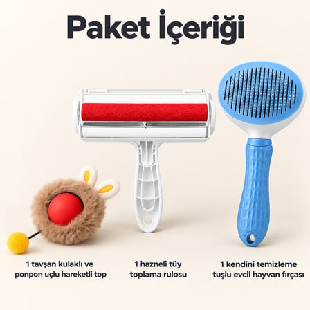 Busstier Tavşan Buluşması – Peluş Kaplı Şarjlı Kedi Topu ve Tüy Temizleyici, Tarak Seti
