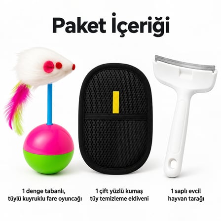 Busstier Salıncak Ufkı – Hacı Yatmaz Fare Kedi Oyuncağı ve Tüy Temizleyici, Tarak Seti