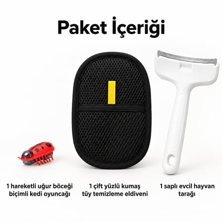 Busstier Uğur Çemberi – Hareketli Uğur Böceği Kedi Oyuncağı ve Tüy Temizleyici, Tarak Seti