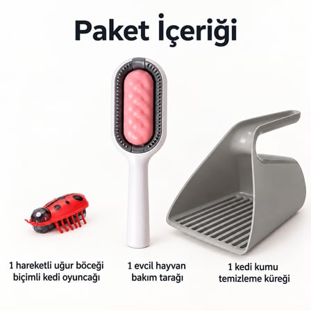 Busstier Uğur Güncesi – Hareketli Uğur Böceği Kedi Oyuncağı ve Tarak, Kum Küreği Seti