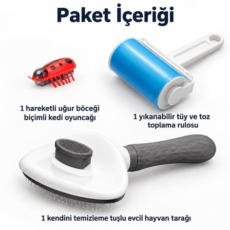 Busstier Uğur Molası – Hareketli Uğur Böceği Kedi Oyuncağı ve Tüy Temizleyici, Tarak Seti