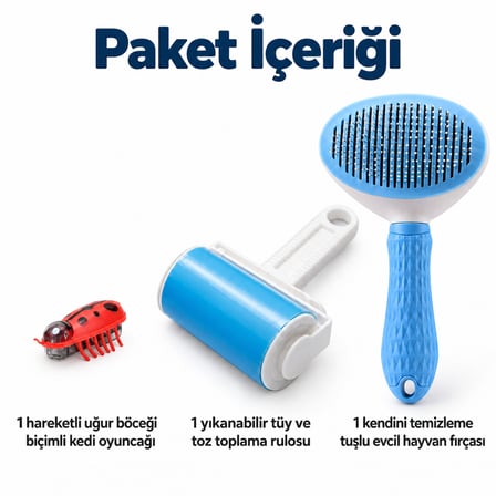 Busstier Uğur Buluşması – Hareketli Uğur Böceği Kedi Oyuncağı ve Tüy Temizleyici, Tarak Seti