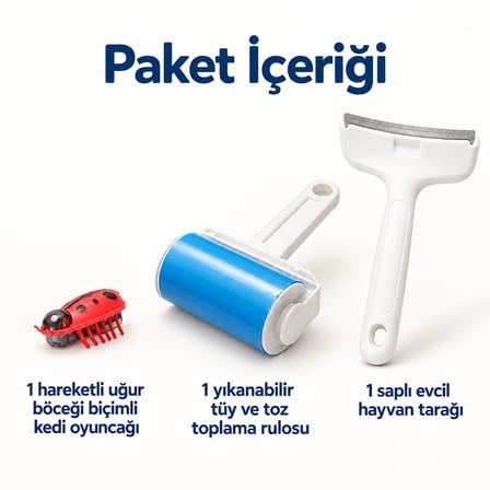 Busstier Uğur Sahnesi – Hareketli Uğur Böceği Kedi Oyuncağı ve Tüy Temizleyici, Tarak Seti