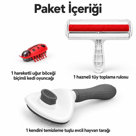 Busstier Uğur Haritası – Hareketli Uğur Böceği Kedi Oyuncağı ve Tüy Temizleyici, Tarak Seti