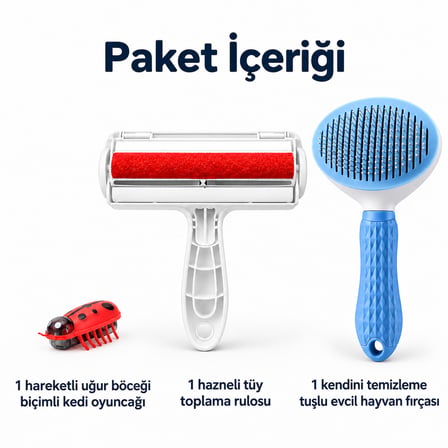 Busstier Uğur Esintisi – Hareketli Uğur Böceği Kedi Oyuncağı ve Tüy Temizleyici, Tarak Seti