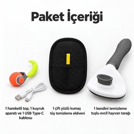 Busstier Yörünge Vadisi – Kuyruklu Şarjlı Kedi Oyun Topu ve Tüy Temizleyici, Tarak Seti