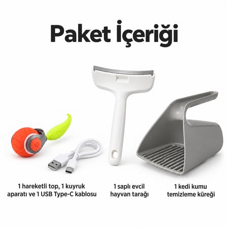 Busstier Yörünge Güncesi – Kuyruklu Şarjlı Kedi Oyun Topu ve Tarak, Kum Küreği Seti