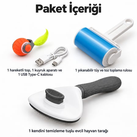 Busstier Yörünge Şafağı – Kuyruklu Şarjlı Kedi Oyun Topu ve Tüy Temizleyici, Tarak Seti