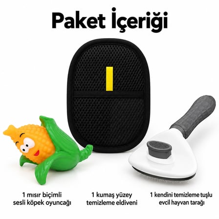 Busstier Mısır Durağı – Sesli Mısır Köpek Oyuncağı ve Tüy Temizleyici, Tarak Seti