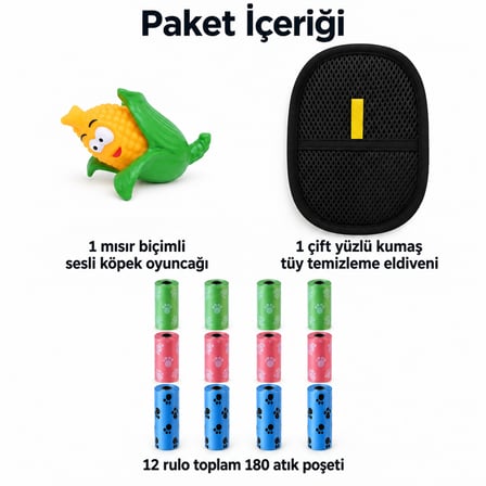 Busstier Mısır Ufkı – Sesli Mısır Köpek Oyuncağı ve Tüy Temizleyici, Atık Poşeti Seti