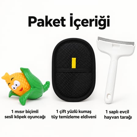 Busstier Mısır Çemberi – Sesli Mısır Köpek Oyuncağı ve Tüy Temizleyici, Tarak Seti