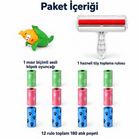 Busstier Mısır Buluşması – Sesli Mısır Köpek Oyuncağı ve Tüy Temizleyici, Atık Poşeti Seti