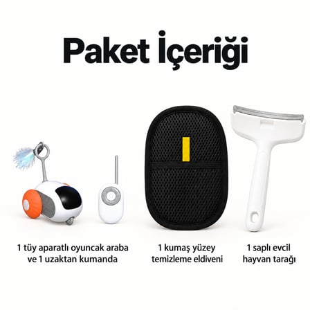 Busstier Rota Ufkı – Kumandalı Mini Araba Kedi Oyuncağı ve Tüy Temizleyici, Tarak Seti