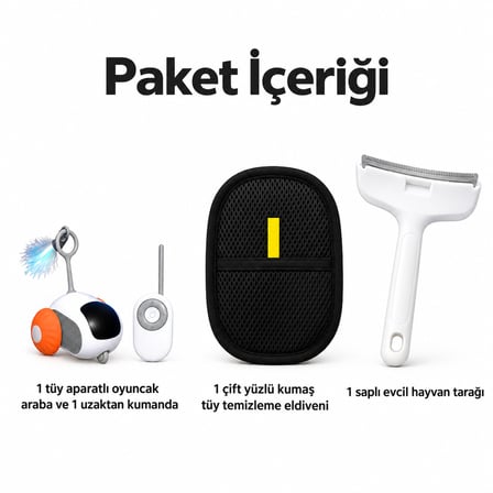 Busstier Rota Çemberi – Kumandalı Mini Araba Kedi Oyuncağı ve Tüy Temizleyici, Tarak Seti