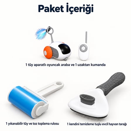 Busstier Rota Molası – Kumandalı Mini Araba Kedi Oyuncağı ve Tüy Temizleyici, Tarak Seti