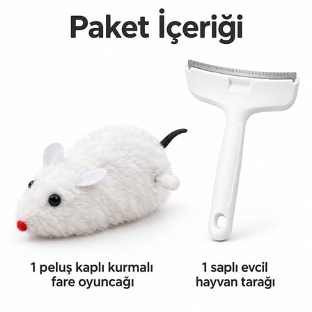 Busstier Kadife Adası – Peluş Kurmalı Fare Kedi Oyuncağı ve Tarak Seti
