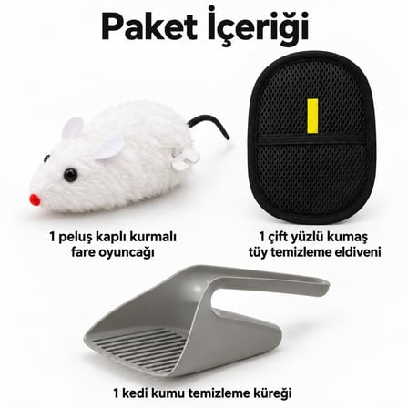 Busstier Kadife Durağı – Peluş Kurmalı Fare Kedi Oyuncağı ve Tüy Temizleyici, Kum Küreği Seti