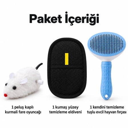 Busstier Kadife İzleri – Peluş Kurmalı Fare Kedi Oyuncağı ve Tüy Temizleyici, Tarak Seti