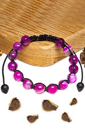 Sertifikalı Parlak Pembe Akik Taşı Bileklik - Makrome