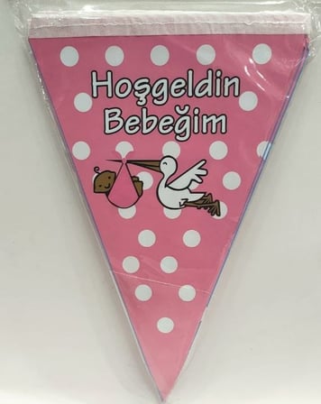 Premium Duvar Dekoru Yenidoğan Etkinlik Hoş Geldin Bebeğim Üçgen Flama Pembe
