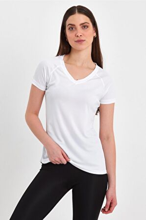 Basic V Yaka Arkası Uzun Spor Fit Beyaz Kadın T-shirt