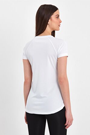 Basic V Yaka Arkası Uzun Spor Fit Beyaz Kadın T-shirt