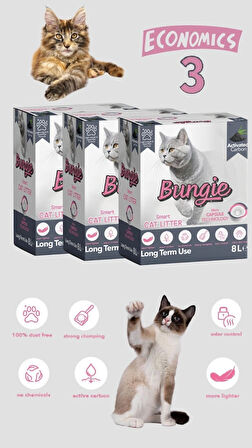 BUNGİE AKILLI KEDİ KUMU AKTİF KARBONLU HIZLI TOPAKLANAN TOZSUZ ULTRA HAFİF 8 LT x 3 ADET