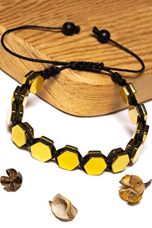 Sertifikalı Altıgen 24k Altın Kaplama Hematit Taşı Bileklik - Makrome