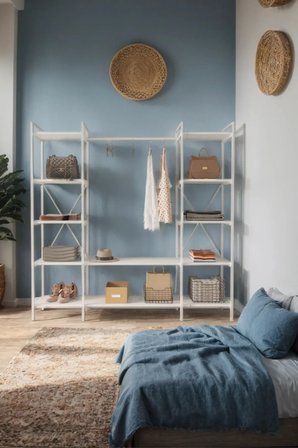 Nilamu Beyaz Elbise Dolabı | Metal Gövdeli Açık Askılık & Organizer Dolap 175*170*34 Cm