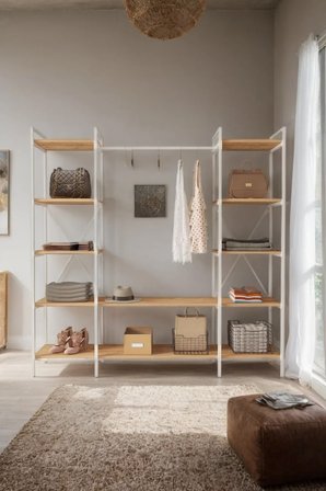 Nilamu Atlantik Çam Elbise Dolabı | Metal Gövdeli Açık Askılık & Organizer Dolap 175*170*34 Cm