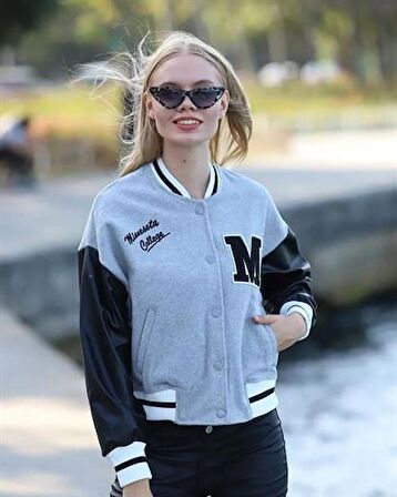 Kolları Deri Detay Kadın Kolej Ceket