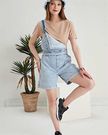 Kadın Mom Jean Şort Salopet