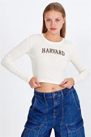 0 Yaka Harvard Baskı Kadın Crop Badı