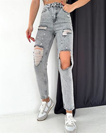 Yüksek Bel Parca Alma Kadın Mom Jean Pantolon