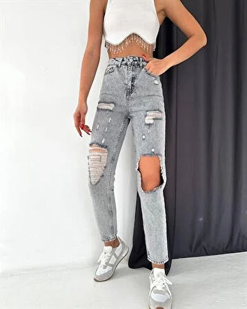 Yüksek Bel Parca Alma Kadın Mom Jean Pantolon