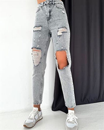 Yüksek Bel Parca Alma Kadın Mom Jean Pantolon