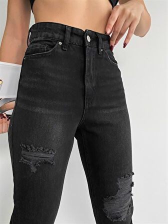 Yüksek Bel Peçli Mom Jean Kadın Pantolon