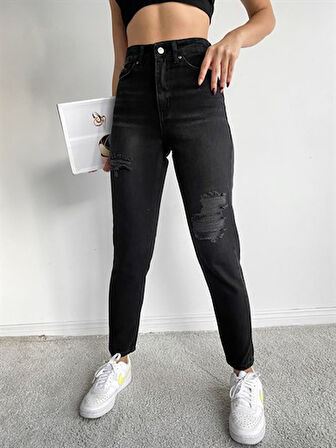 Yüksek Bel Peçli Mom Jean Kadın Pantolon