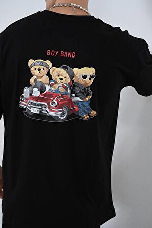 0 Yaka Arka Boy Band Baskı Oversize Erkek T-Shirt