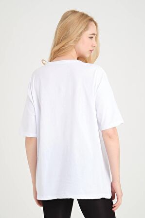 0 Yaka Adamlar Baskılı Oversize Kadın T-Shirt