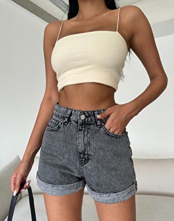 Paça Katlı Kadın Mom Jean Sort