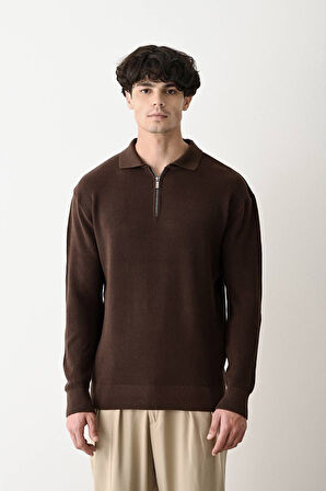 Fermuarlı Gömlek Yaka Triko Kazak