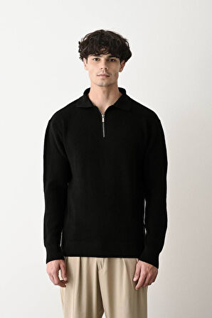 Fermuarlı Gömlek Yaka Triko Kazak