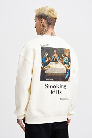 0 Yaka Smoking Kills Baskı Oversize Erkek Sweatshirt